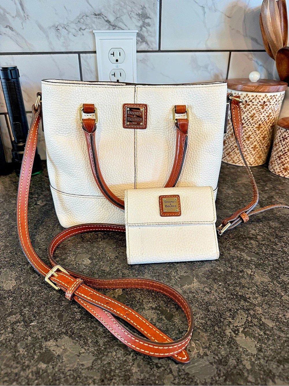 Dooney & Bourke Pebble Grain Small Tote in White & Brown w/ Matching Wallet